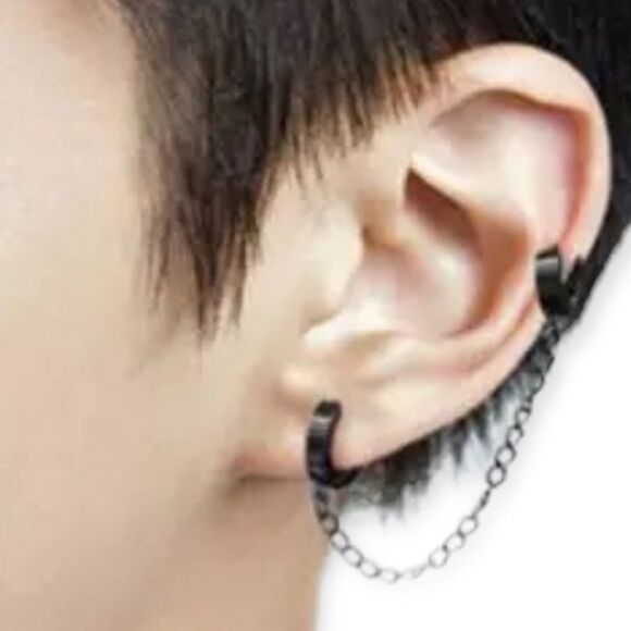 Black Chained Double Pierced Handcuffs Hoop Earrings NEW - Picture 3 of 4